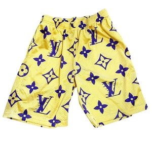 JAFthreads yellow & purple all over design basketball athletic shorts pockets